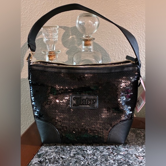 NWT Juicy Couture Black Sequin Shoulder Hobo Style Bag with side design - Picture 1 of 10